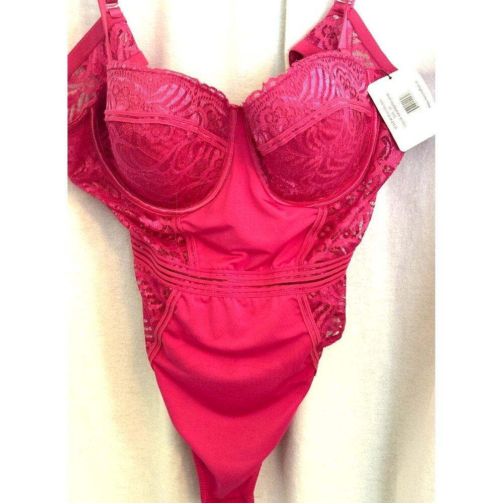 Pink Bodysuit w/bra, Strap, Lace & Nylon/Spandex, French Affair, Size 2X